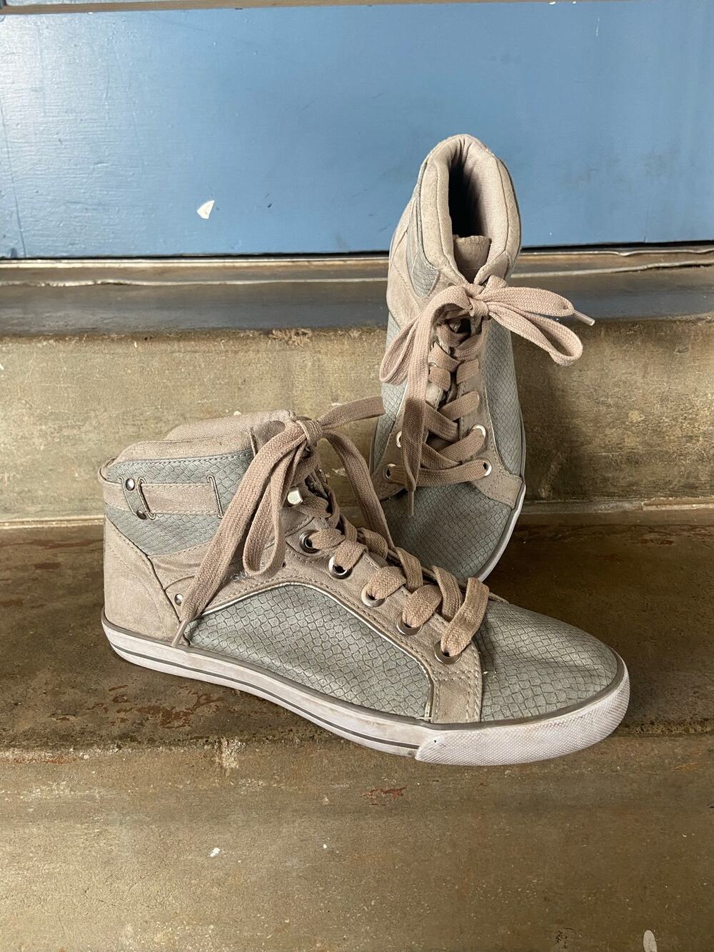 G by Guess Opall 12 mid-top 2 tone sneakers w/ faux-snakeskin pattern.